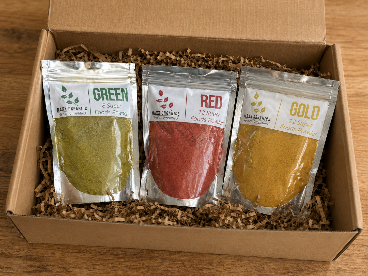 MAXX Organics Trusted Trio: GREEN, RED, and GOLD pouches in a gift box