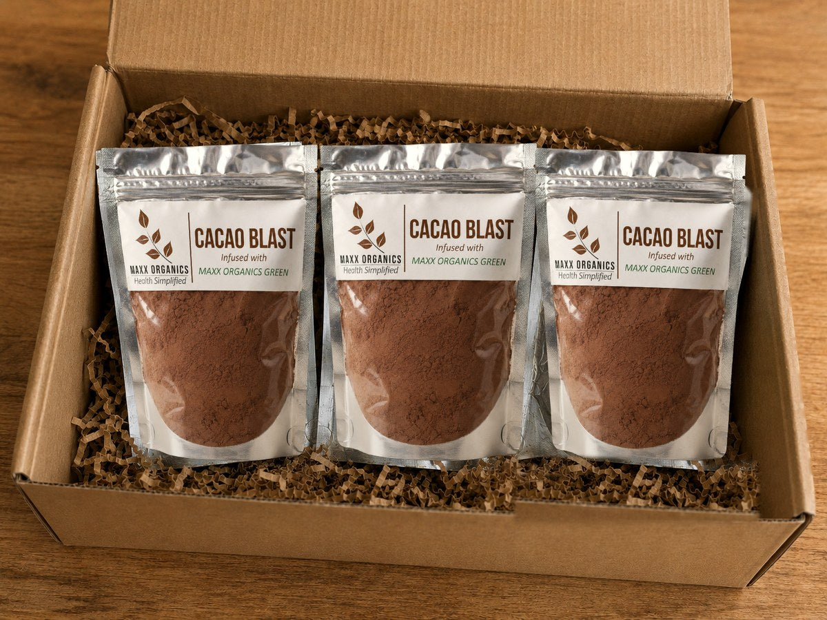 Three 30-day CACAO BLAST pouches in a MAXX Organics gift box