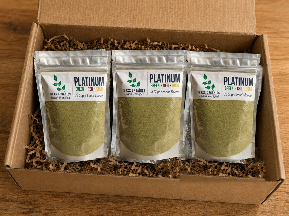 Three 30-day PLATINUM pouches in a MAXX Organics gift box